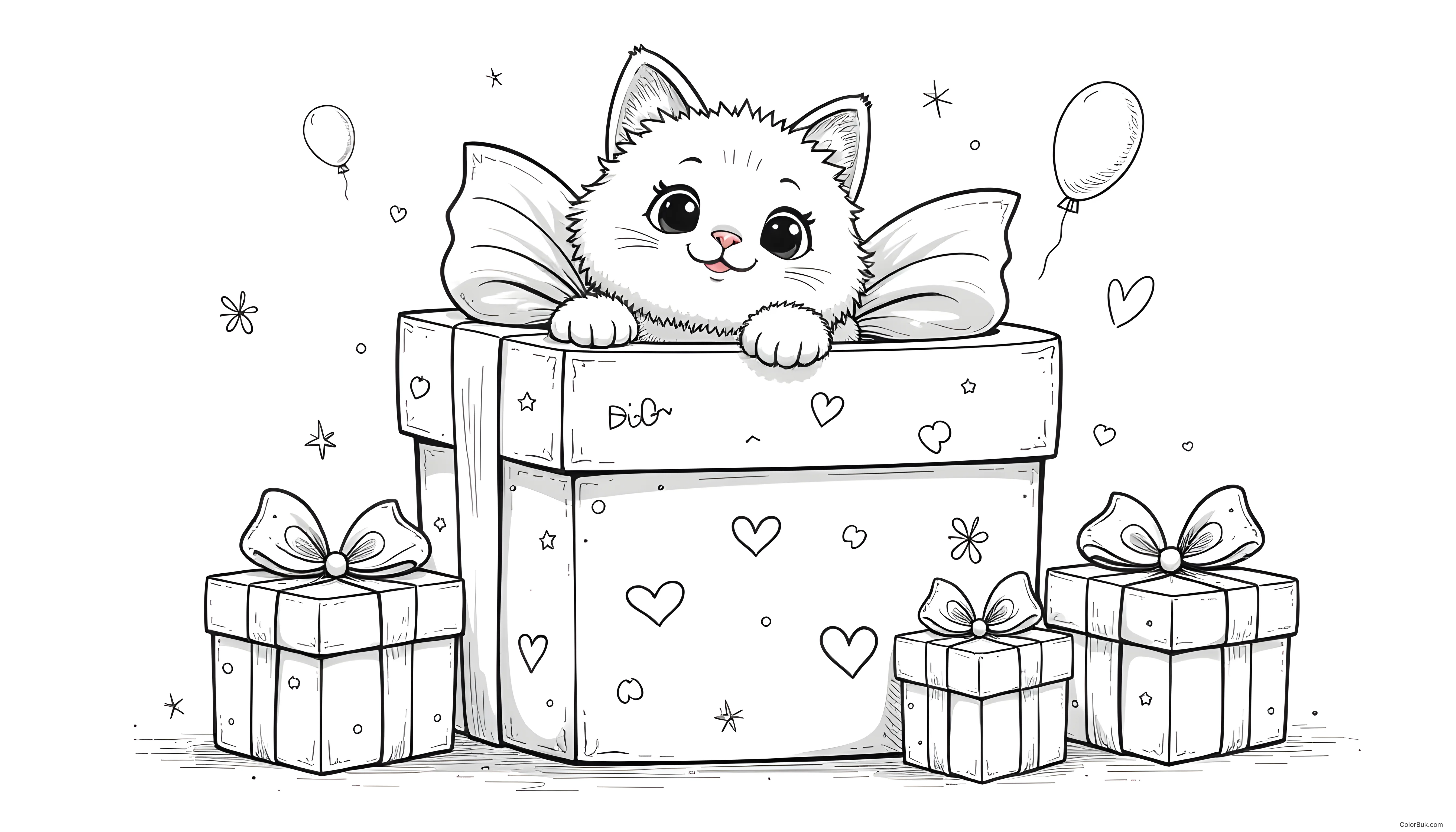 Fun Printable Activities Fluffy orange cat peeking from a gift box with a bow, coloring book style