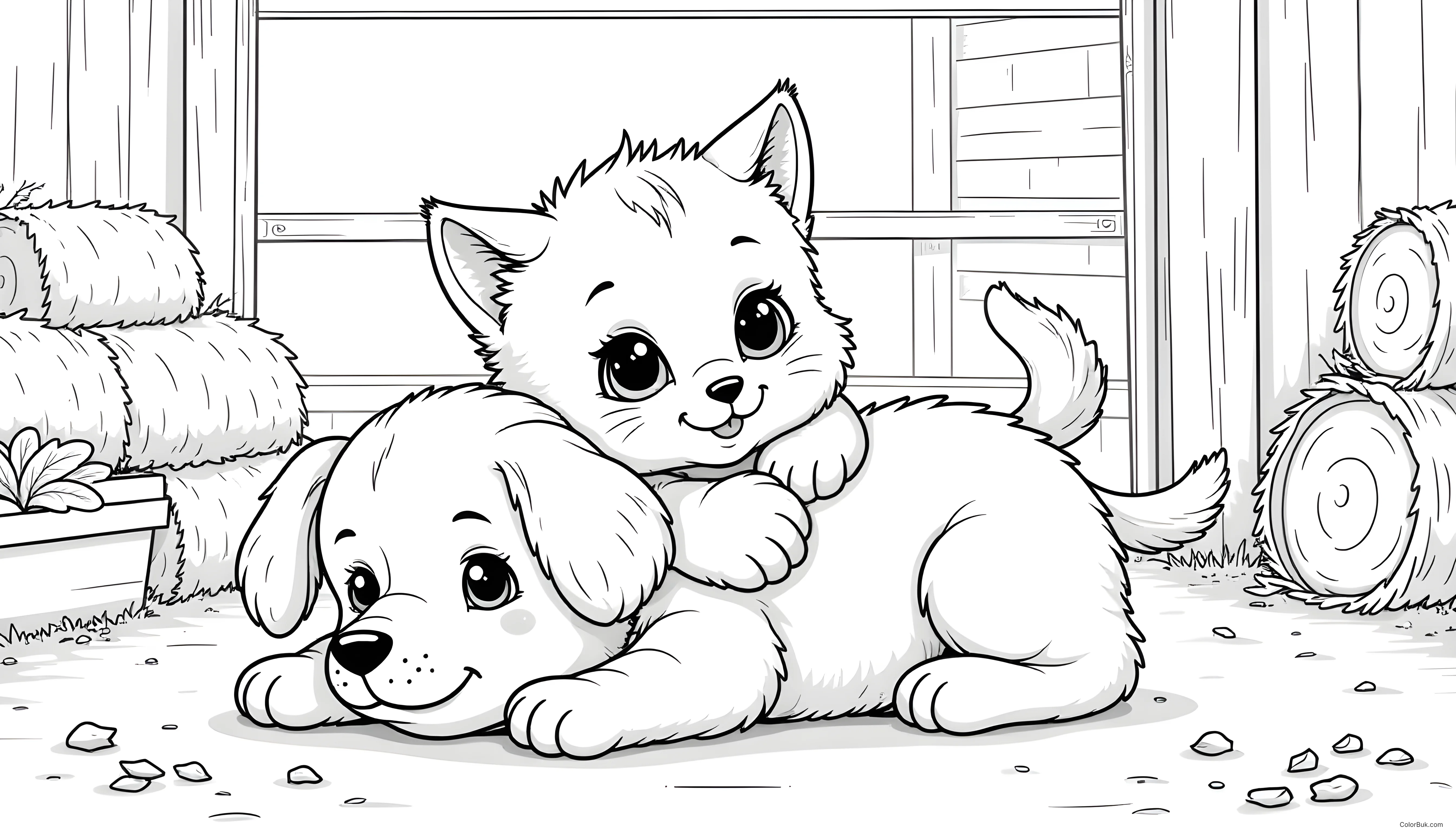 Animals Coloring Pages A kitten snuggling on a puppy in a barn, perfect for coloring.