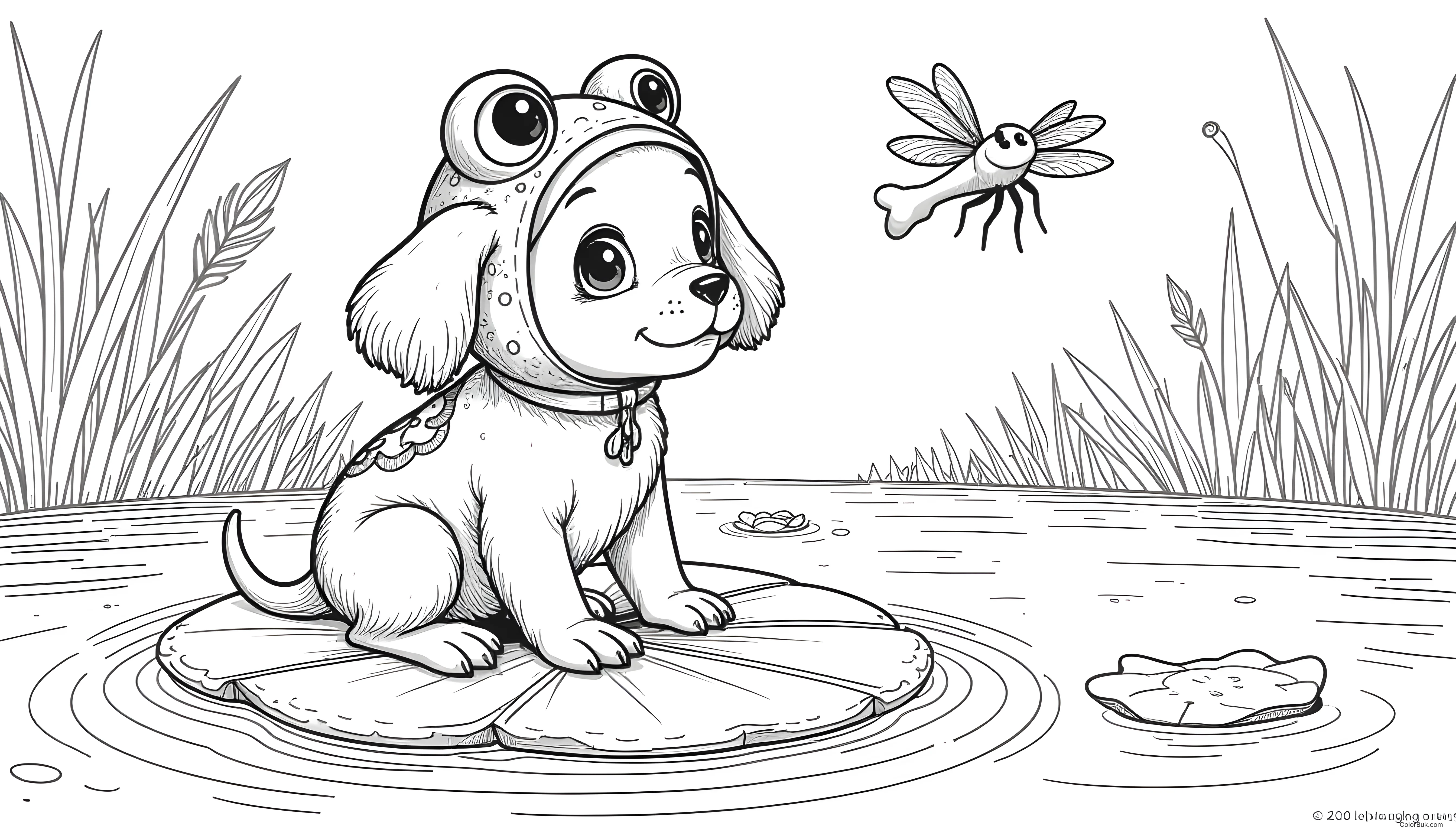 Fun Coloring Activities Whimsical illustration of a puppy in frog costume on a lily pad for coloring.