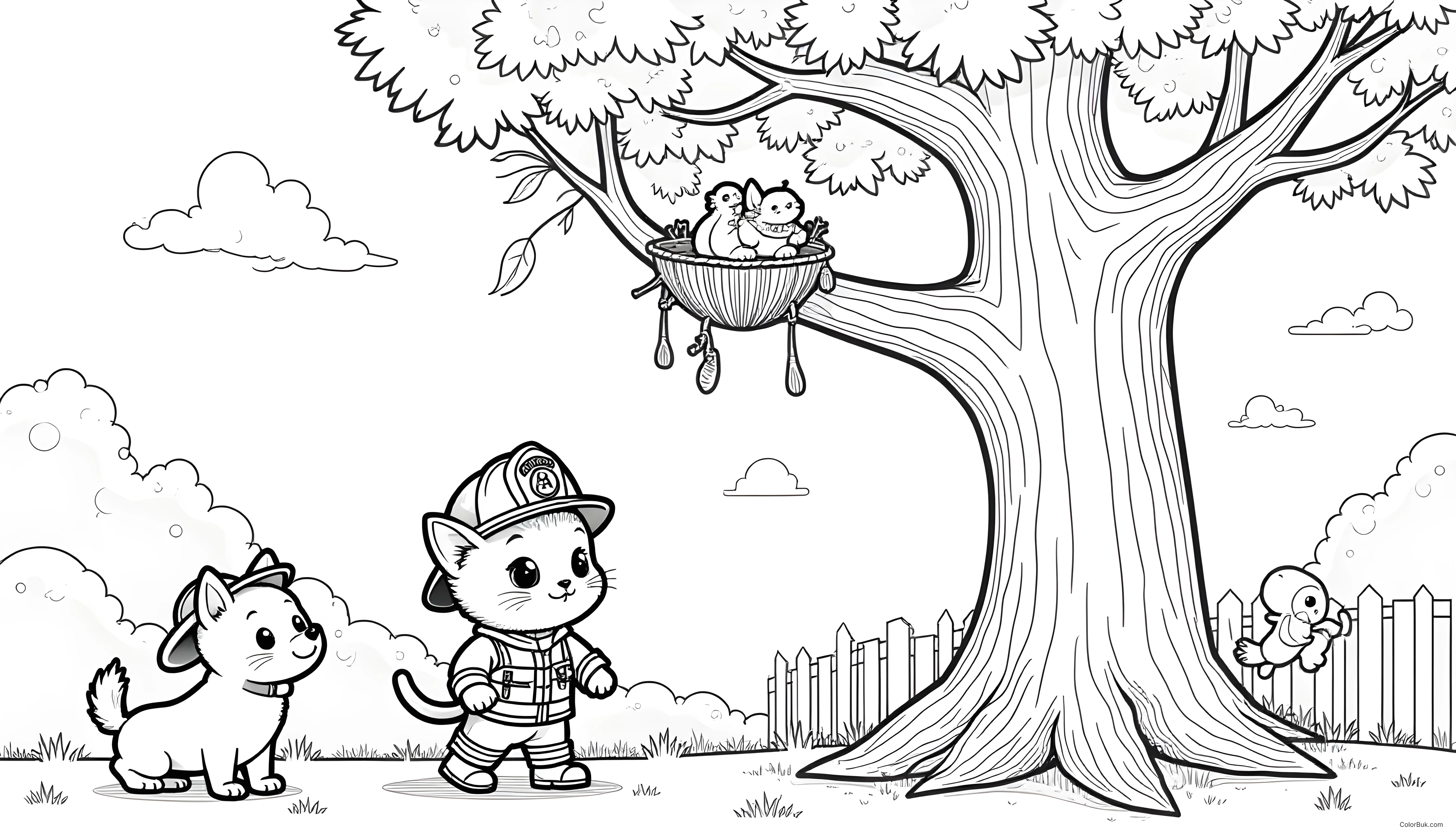 Firefighter Themed Art A kitten firefighter rescuing a baby in a tree - coloring page
