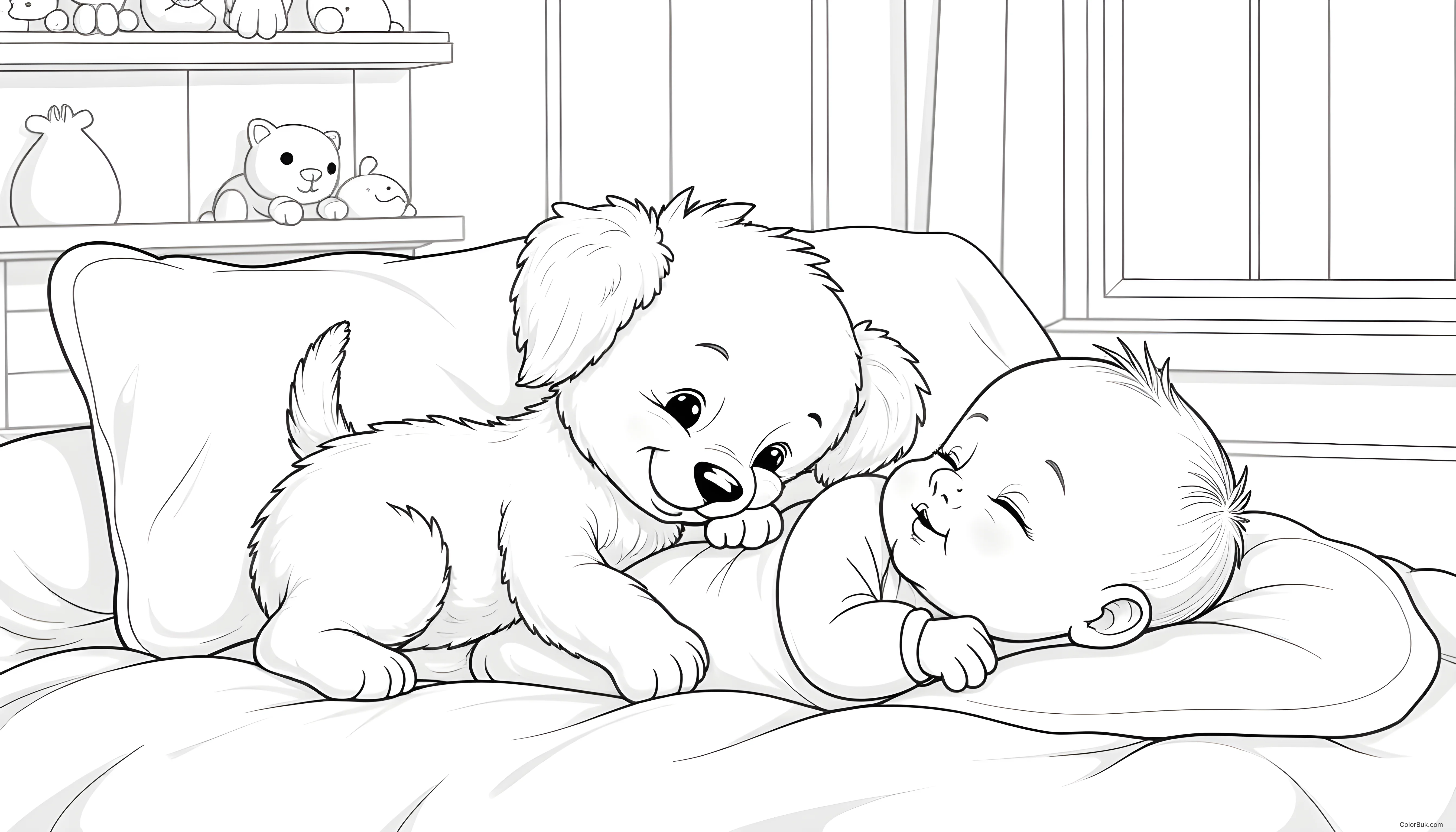 Nursery Art Coloring book style scene of a kitten and puppy with a baby in a bed