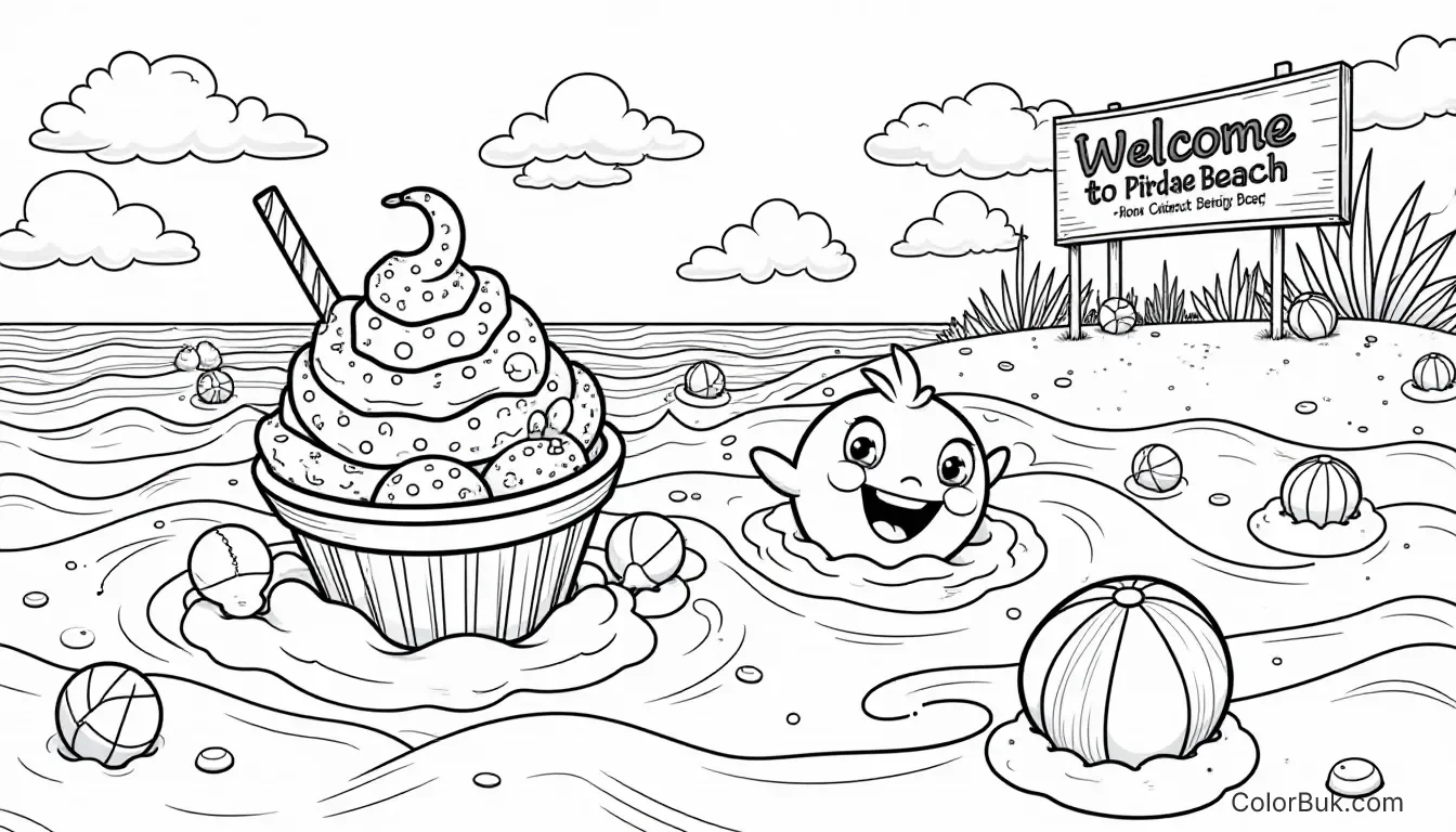 Beach Themed Coloring Pages Pickle and Derp swimming in an ocean of ice cream sundaes coloring page