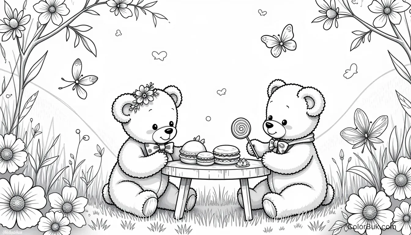 Printables for Kids Whimsical teddy bears tea party coloring page with flowers and sweets