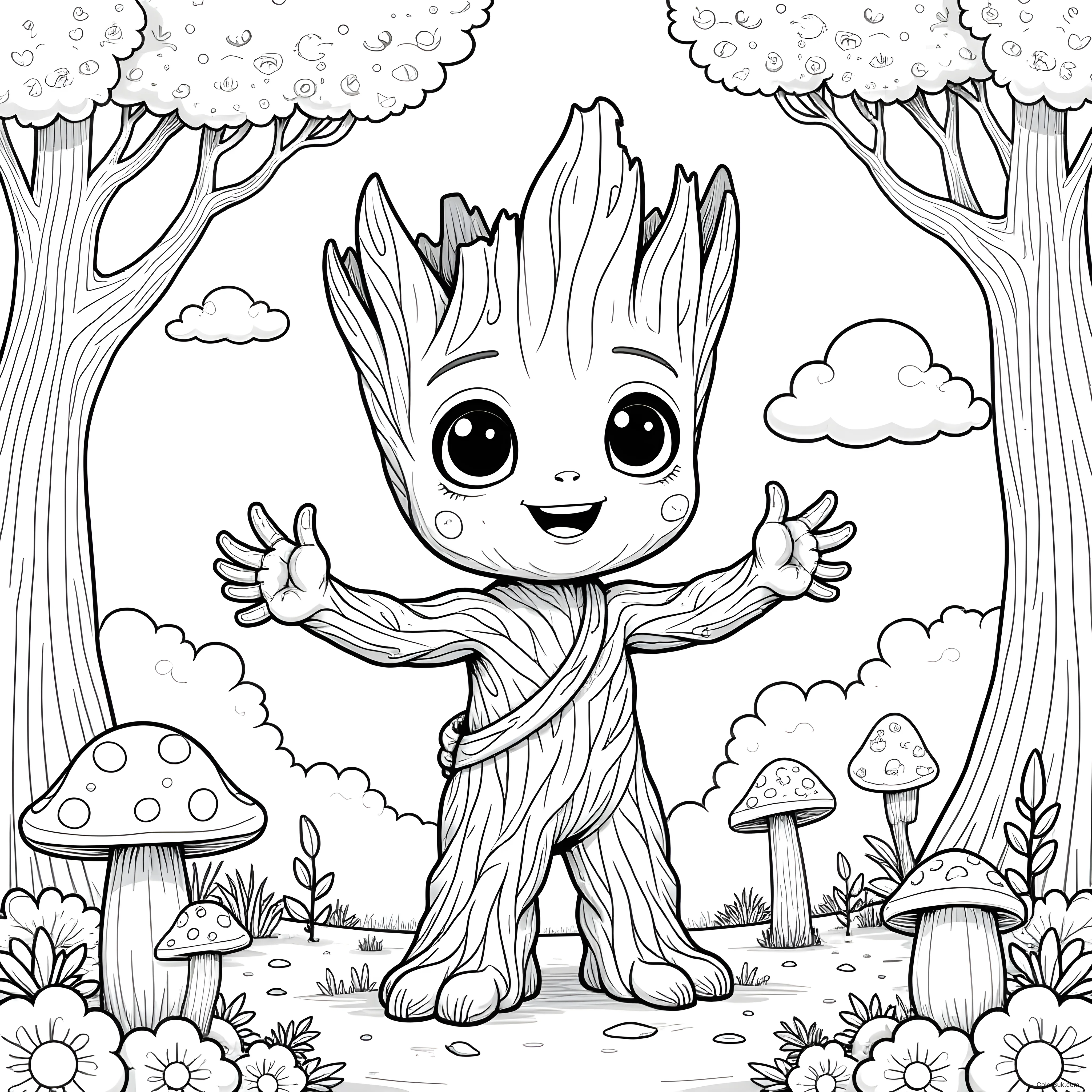 Art and Craft Projects A cute anthropomorphic tree creature in a whimsical forest coloring page.