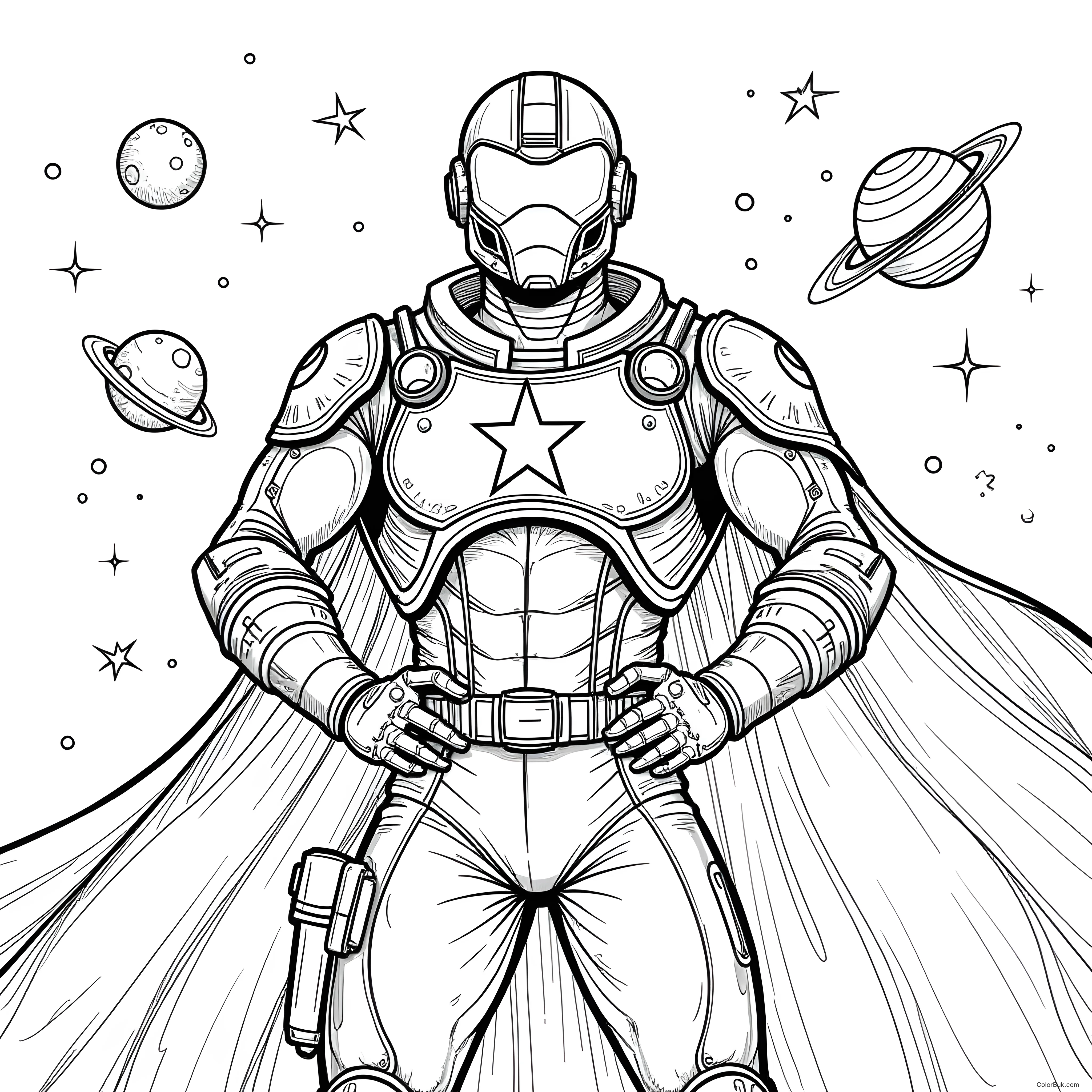 Comic Book Illustrations Black and white coloring book illustration of a space hero, resembling Starlord, with a detailed helmet and cosmic background.