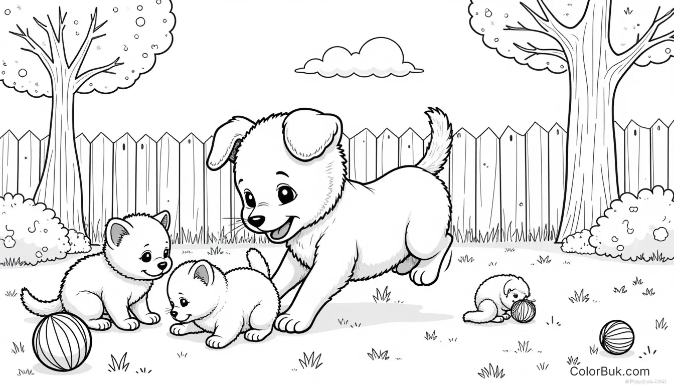 Puppies A playful puppy jumping with fluffy kittens in a coloring book illustration.