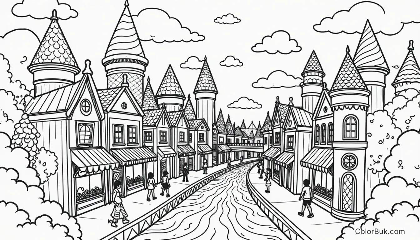 Chocolate Themes Coloring page of a whimsical chocolate city with candy structures and playful designs.