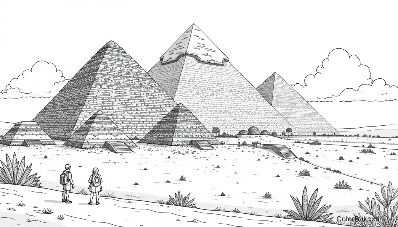 Ancient Egypt Coloring Coloring page of majestic pyramids in a desert landscape with tourists.