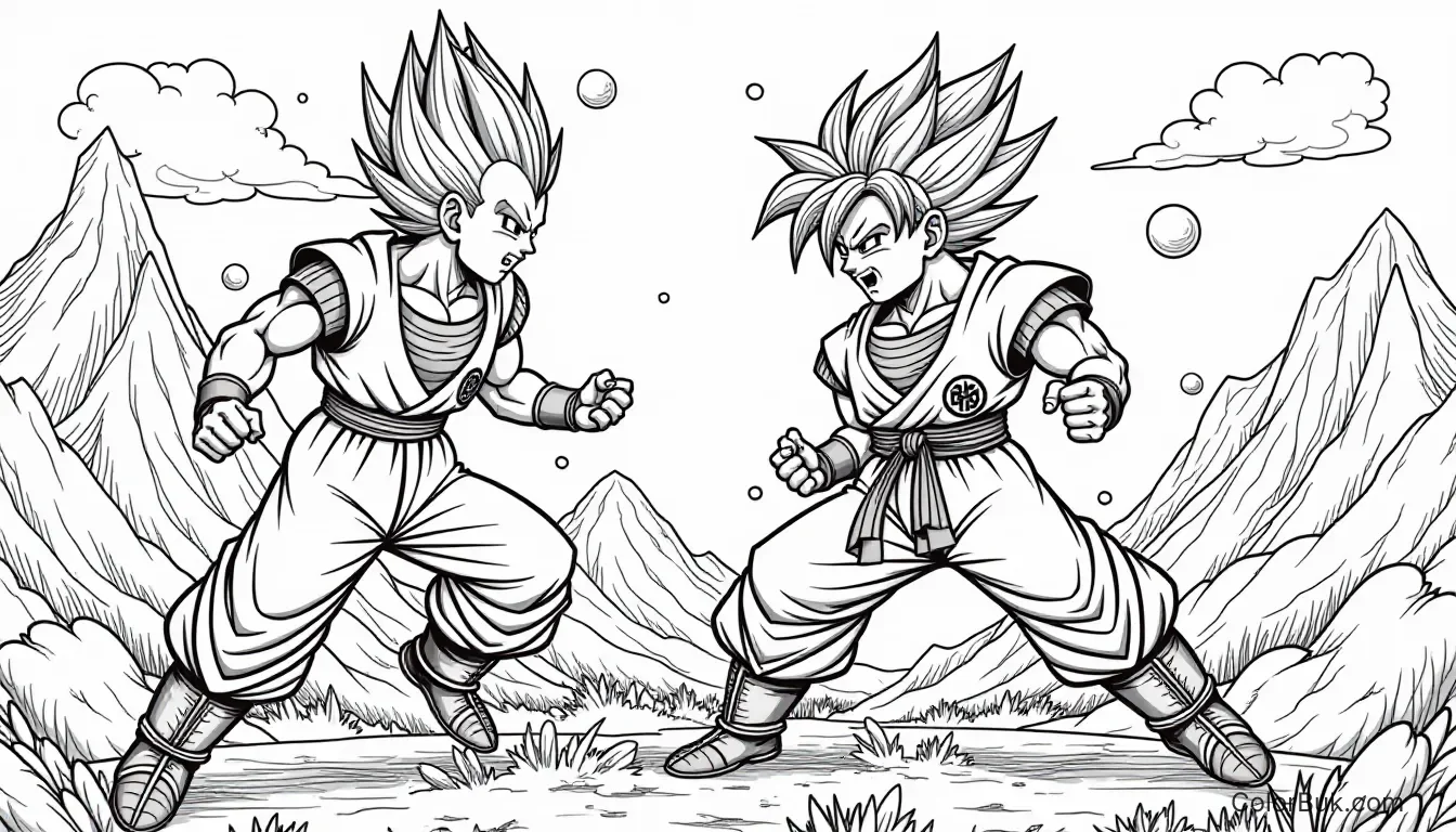 Action Scene Coloring Dragon Ball Z and Super coloring book image featuring Goku and Vegeta