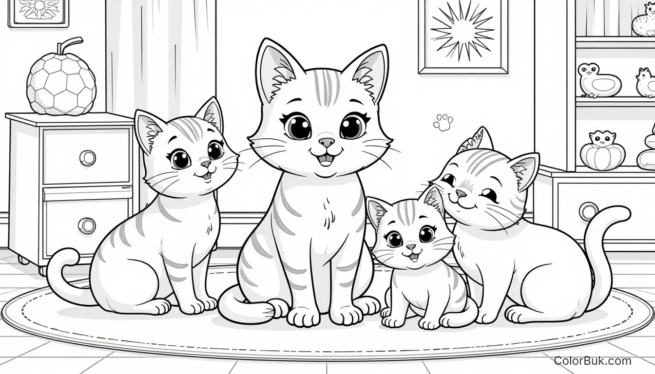 Kittens Playful illustration of four charming cats: Misker, Pabu, Mila, and Enzo for coloring