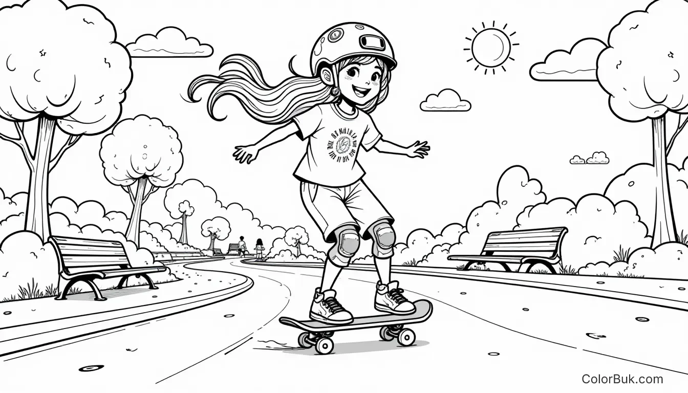 Sports Coloring Book Black and white coloring book illustration of a girl skateboarding