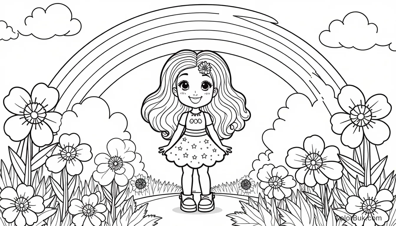 Rainbow Brite Coloring Page - Fun Printable for Kids Whimsical coloring book illustration of Rainbow Brite in a garden.