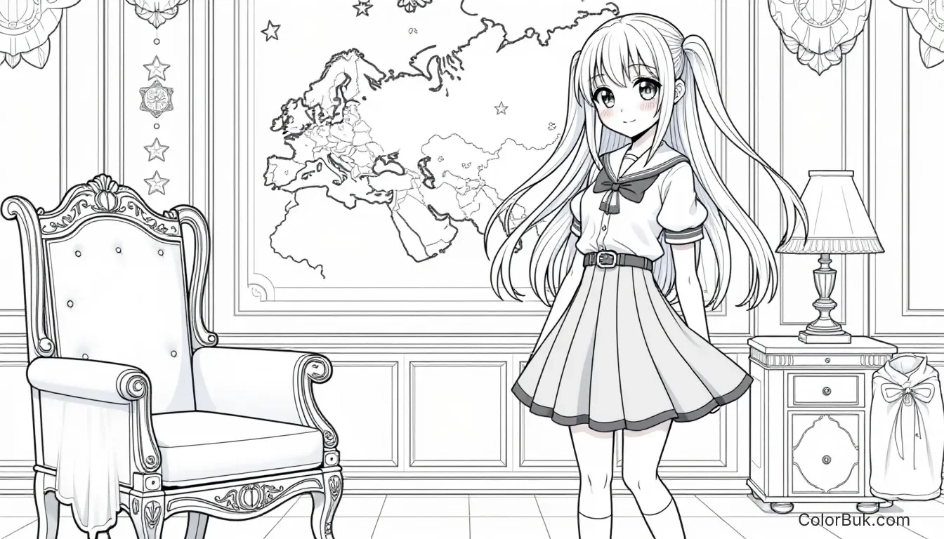 Character Coloring Books Coloring page featuring an anime girl in a school uniform with a Russian military theme background.