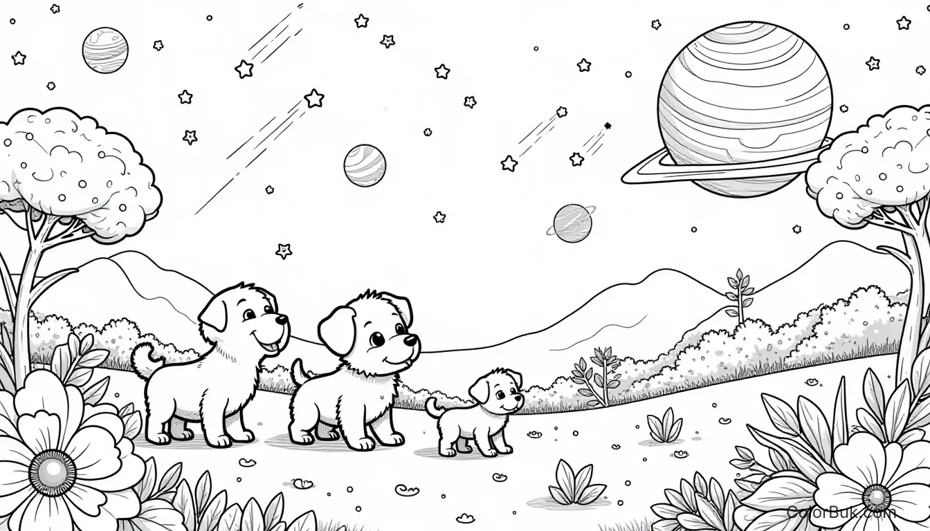 Space-Themed Coloring Books Whimsical coloring book image of puppies in a space garden with alien flora.