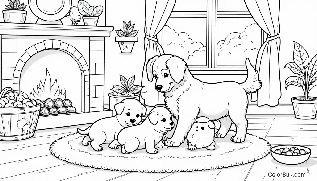 Kids Coloring Book Cute puppies playing with their mother in a cozy house - coloring book illustration