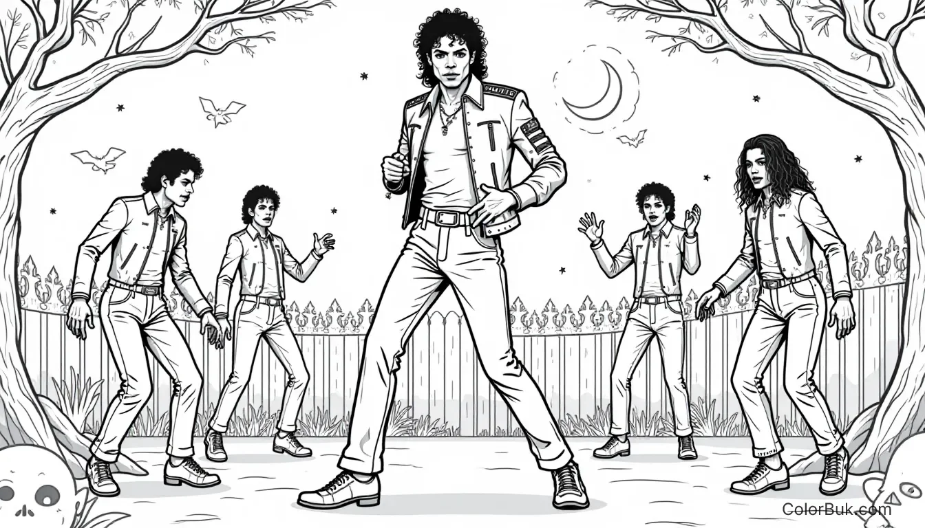 Dance and Movement Coloring Coloring book style image of a Michael Jackson-inspired character posed in a dance move surrounded by zombies in a graveyard.