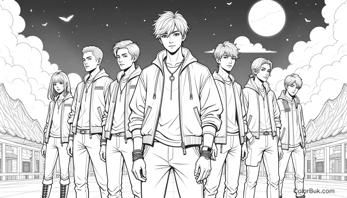 K-Pop Coloring Pages Coloring book illustration of K-Pop styled demon hunters led by Jinu in a mystical urban setting.