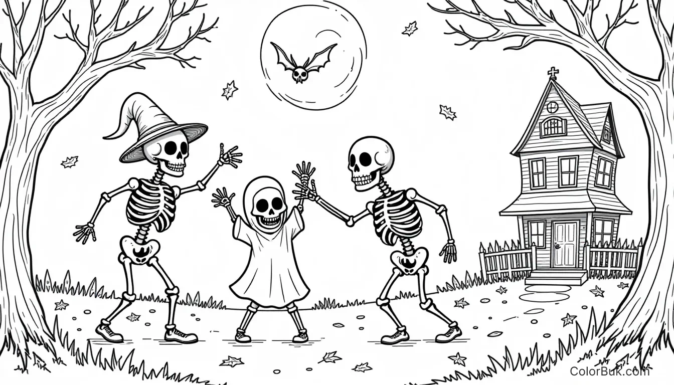 Halloween Coloring Sheets Black-and-white Halloween coloring page of playful skeletons dancing under a full moon with haunted house, bats and falling leaves.
