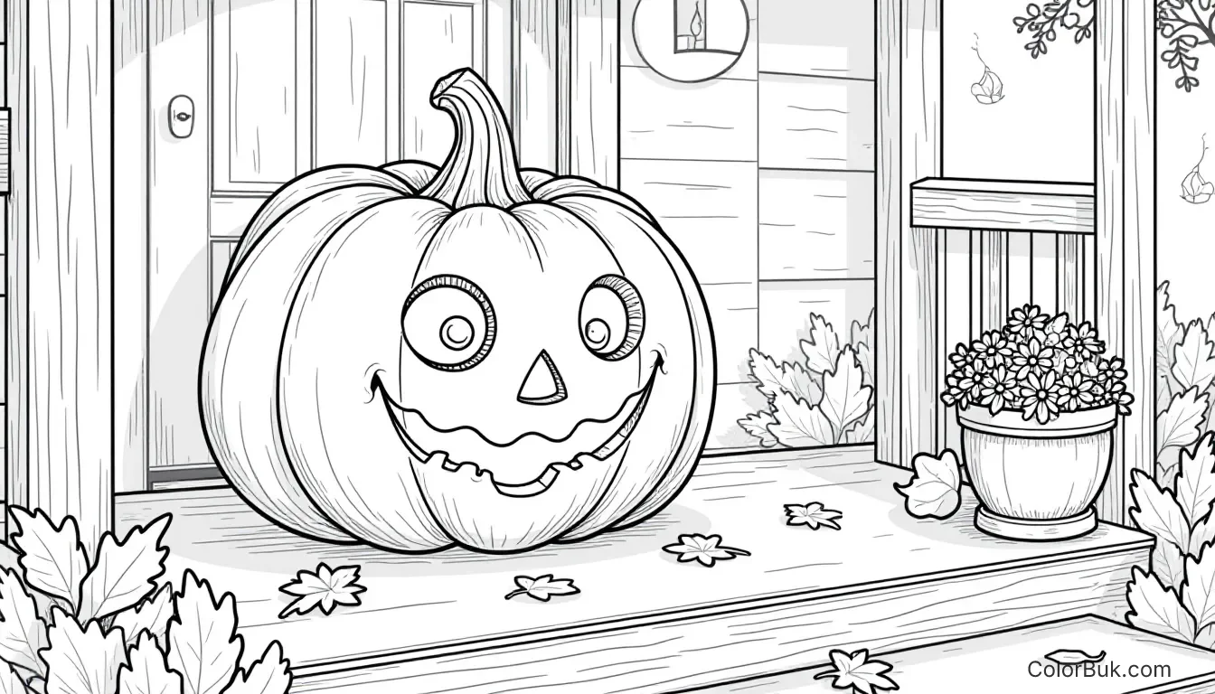 Halloween Coloring Pages Halloween pumpkin on a wooden front porch, ready for coloring