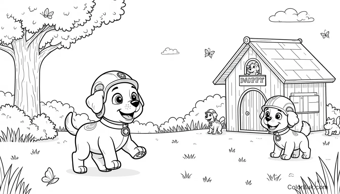 Puppy Patrol Coloring Page | Printable Puppy Fun Coloring page of playful puppies in a Puppy Patrol scene, ready for coloring.