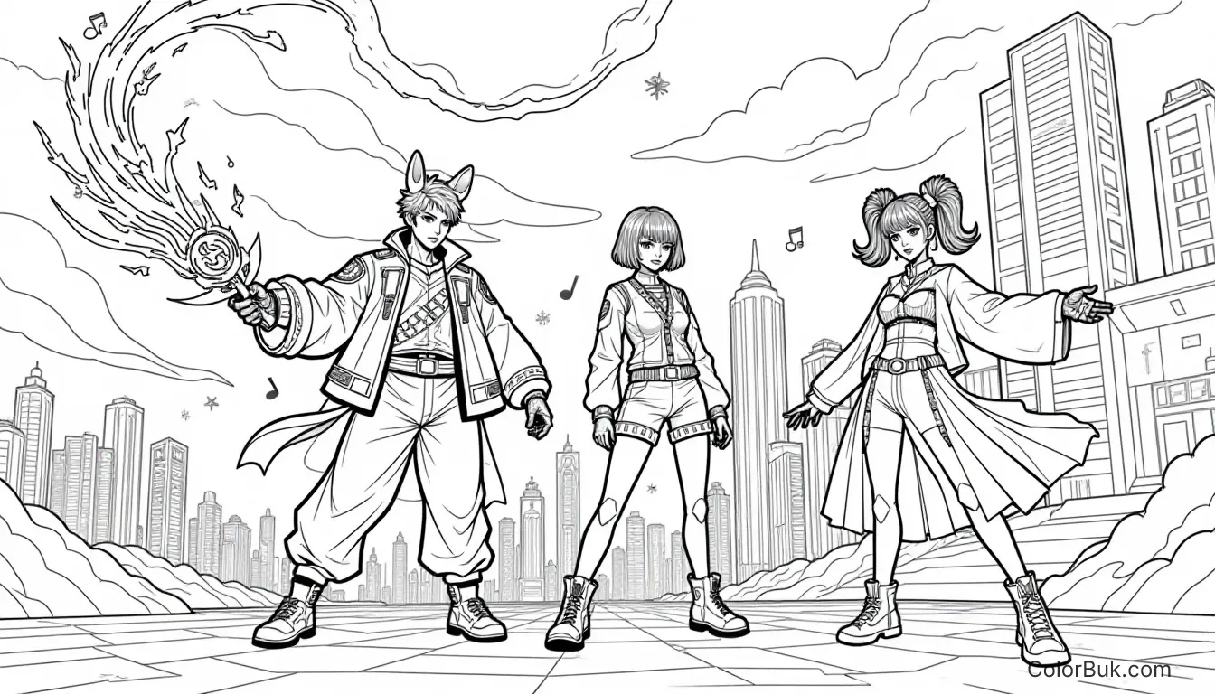 Fantasy K-Pop demon hunters coloring page illustration with unique characters and urban background