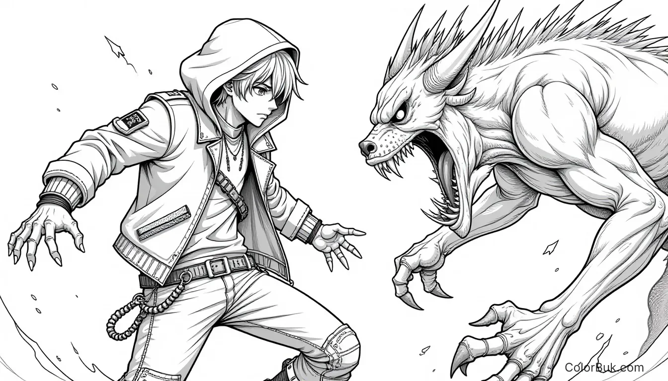 Jinu K-pop Demon Hunter Coloring Page Print Black and white drawing of Jinu, a K-pop idol as a demon hunter battling a dark creature in superhero pose