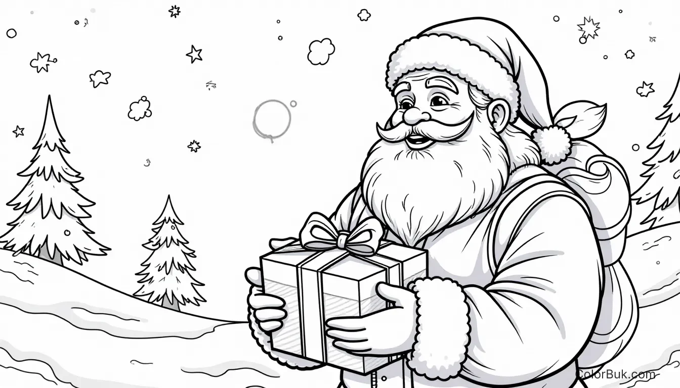 Holiday Activities for Kids A coloring book illustration of Santa Claus sharing gifts with children