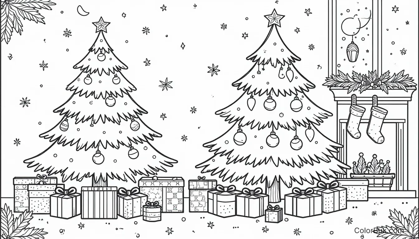 Christmas Tree Coloring Page - Fun Festive Design Hand-drawn Christmas tree coloring page with gifts and ornaments