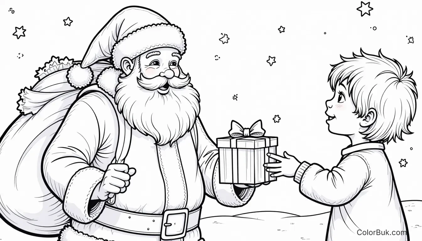 Holiday Crafts Outline drawing of Santa Claus giving gifts to children for coloring