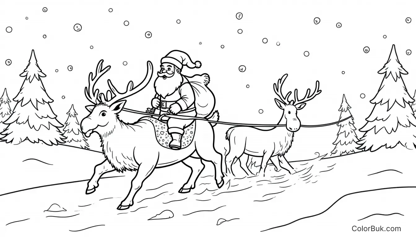 Christmas Coloring Pages Santa Claus riding with reindeers on a slay coloring page