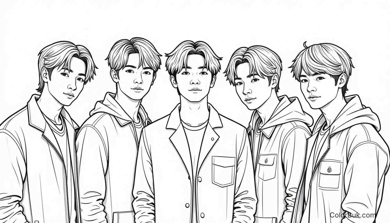 Hobby and Crafts BTS Kpop Coloring Page featuring detailed line art for coloring