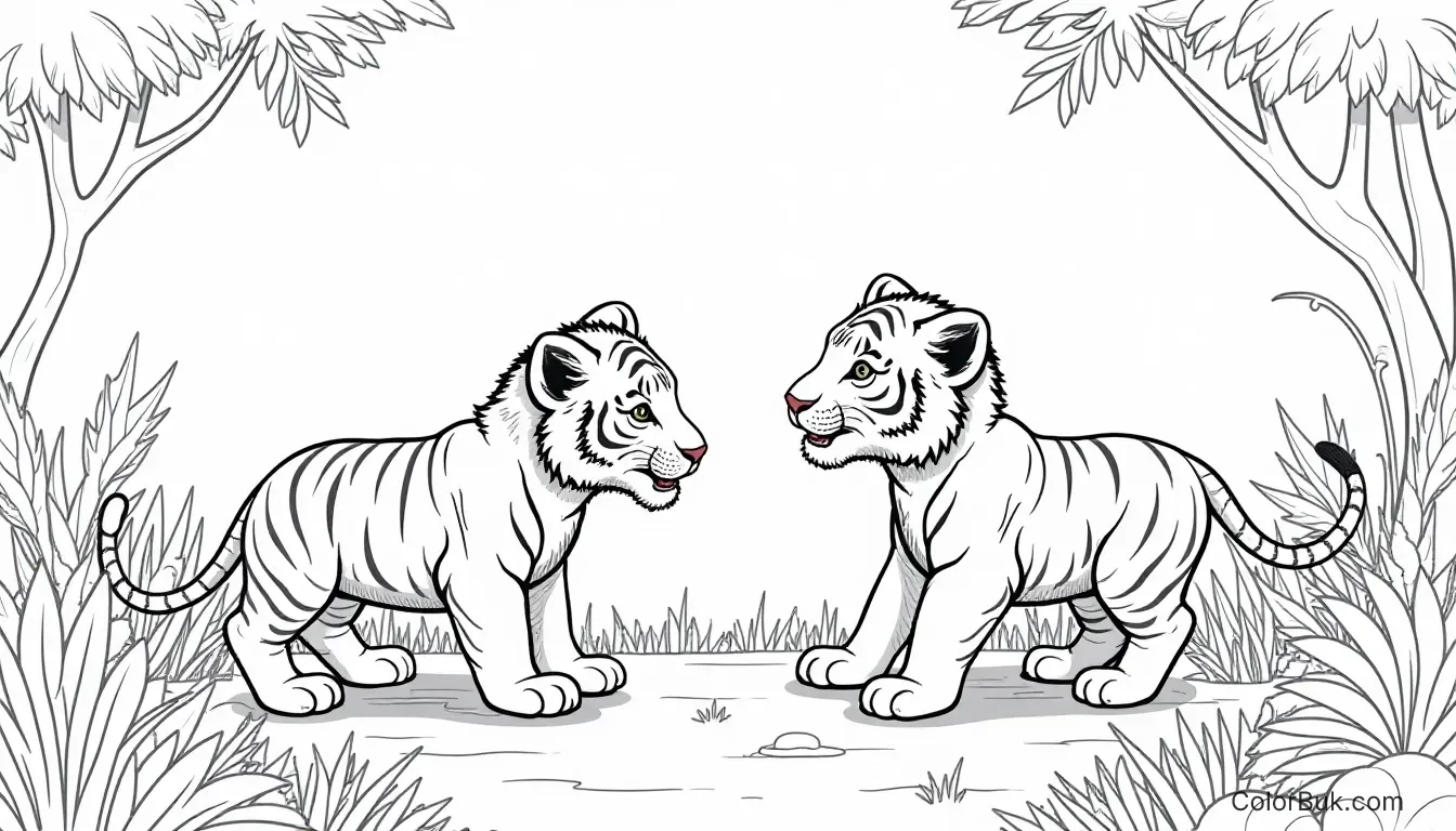 Animal Coloring Pages Black and white outline of tiger and lion cubs playing in the jungle
