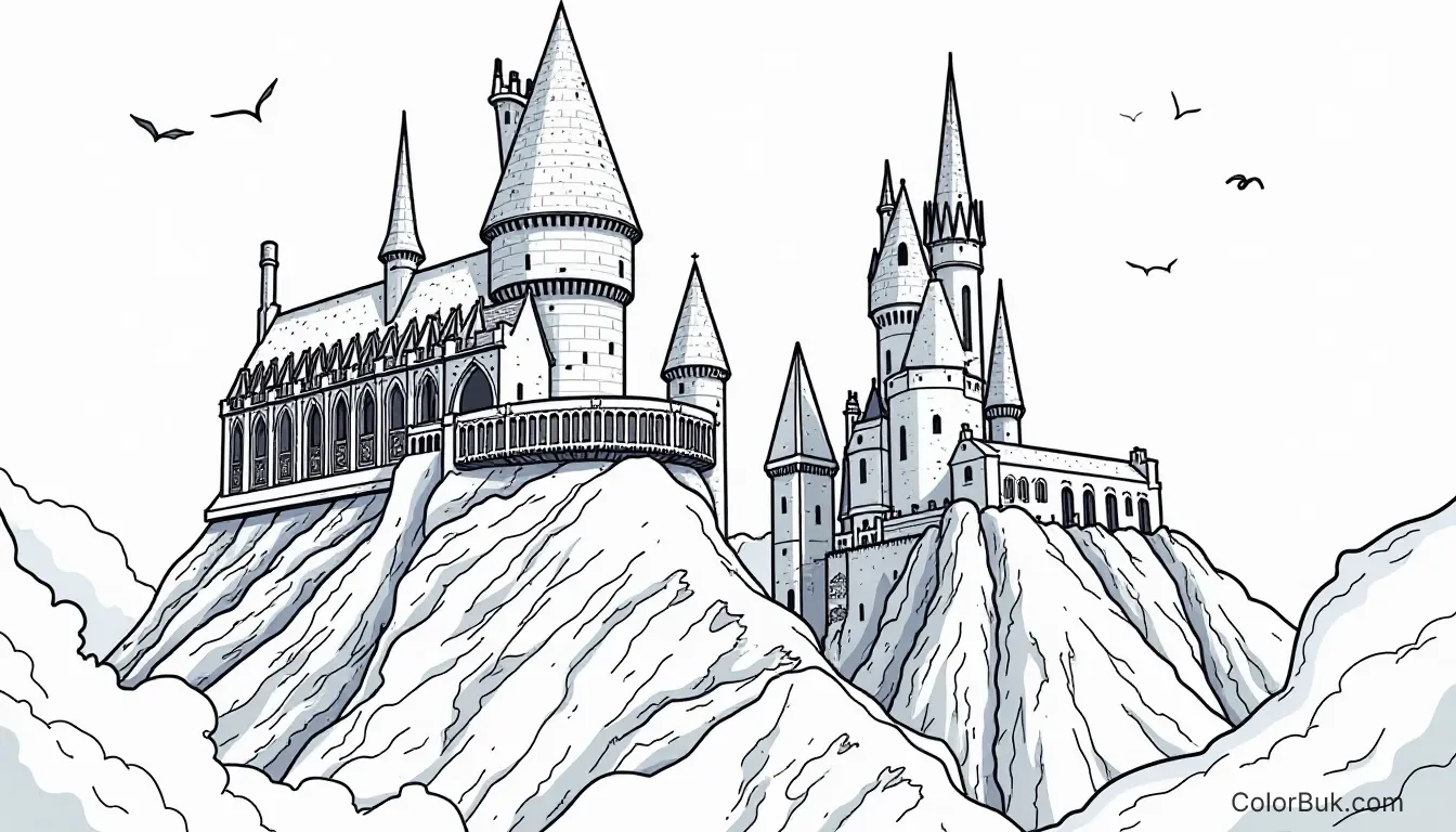 Printable Harry Potter Castle Coloring Page Outline drawing of Harry Potter Castle from Prisoner of Azkaban for coloring