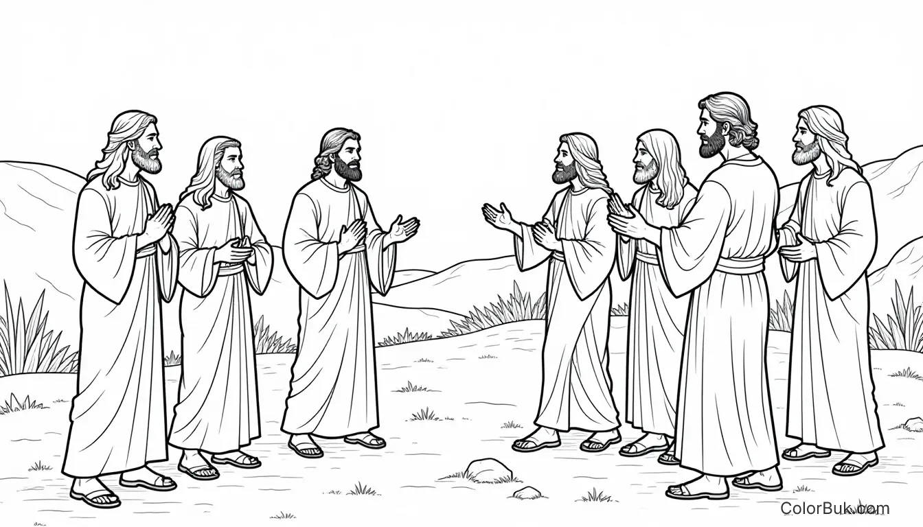 Jesus and Disciples Coloring Page - Printable Book Jesus and disciples coloring book image in a detailed, no-color style