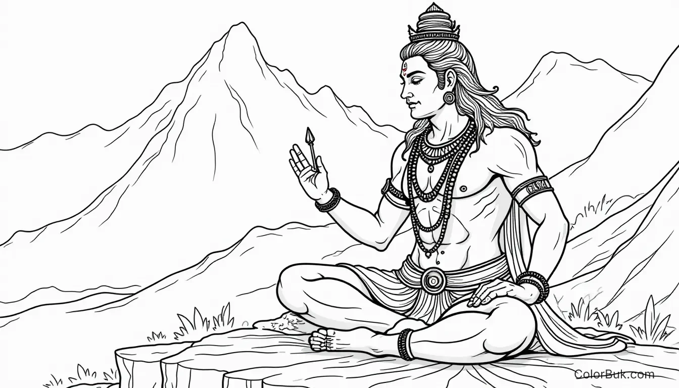 Printable Lord Shiva Coloring Page - Free Coloring Sheet Coloring book image of Lord Shiva in a landscape format, no color