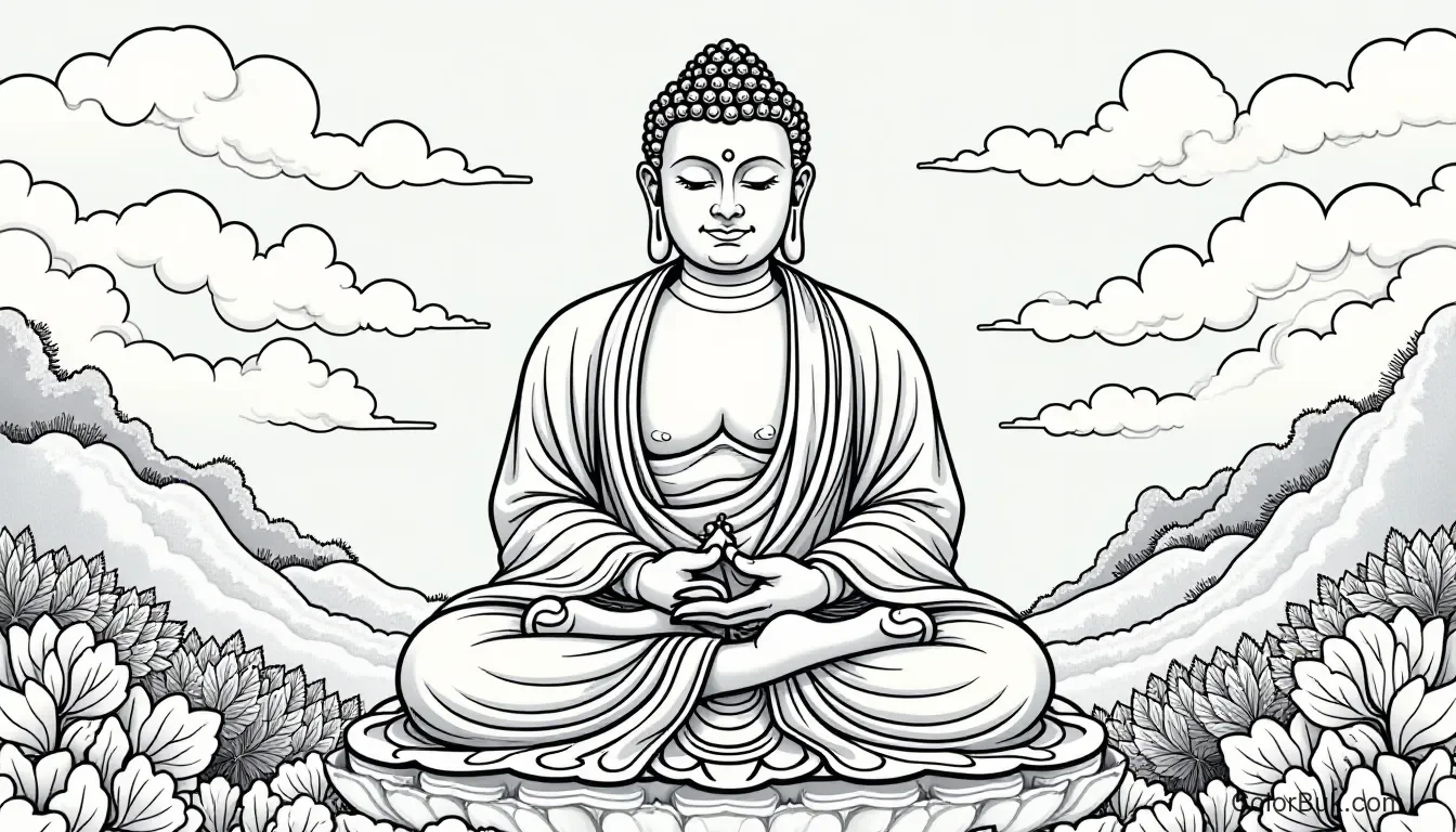 Lord Buddha Coloring Page - Printable Coloring Sheet Outline coloring page of Lord Buddha for mindfulness and relaxation