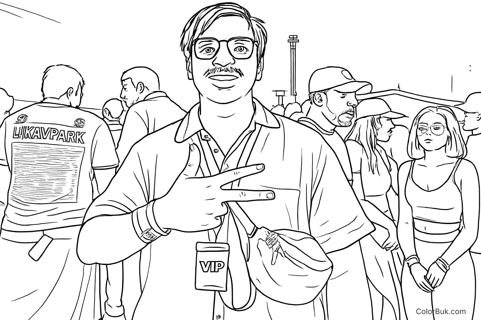 Fun Festival Coloring Page for Adults & Kids | Printable PDF Coloring page featuring a man at a lively festival with a peace sign and VIP pass.