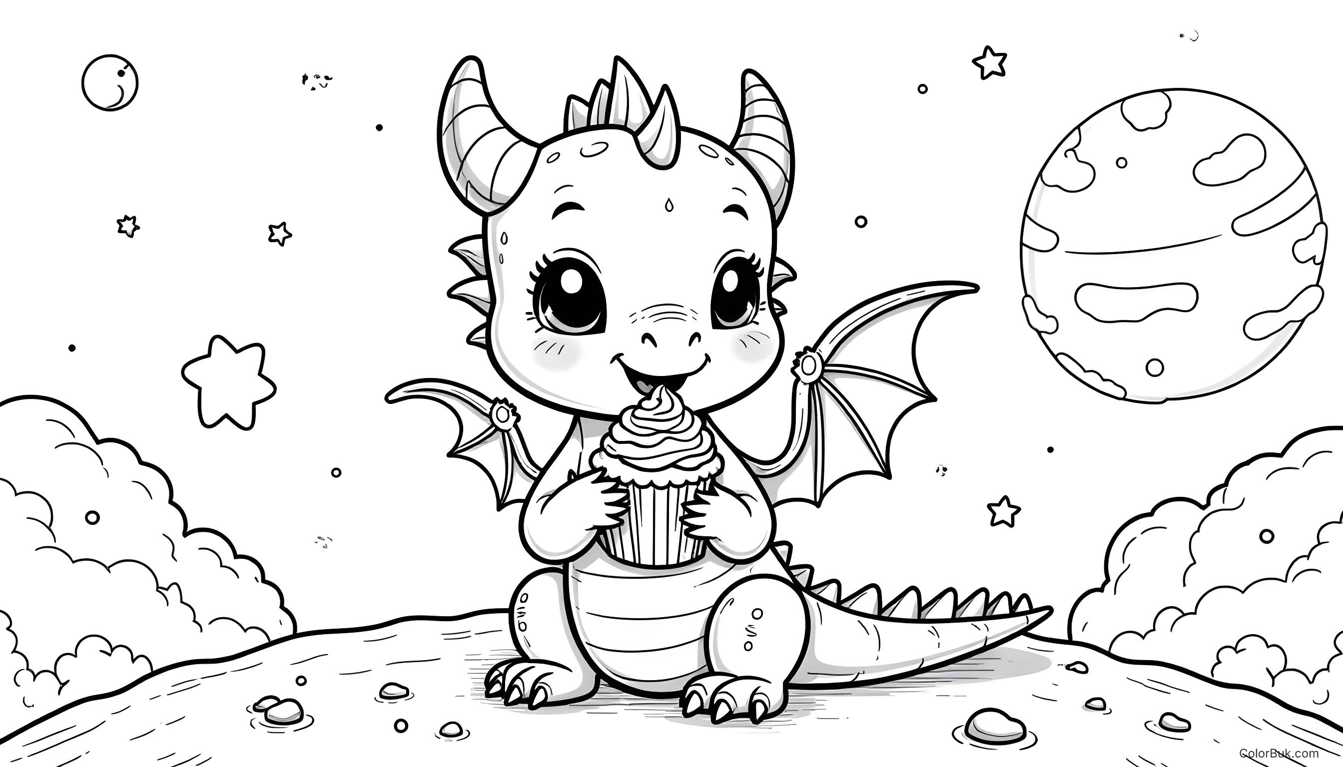 Free Printable Baby Dragon Eating Cupcake Coloring Page Coloring page of a cute baby dragon eating a cupcake in space