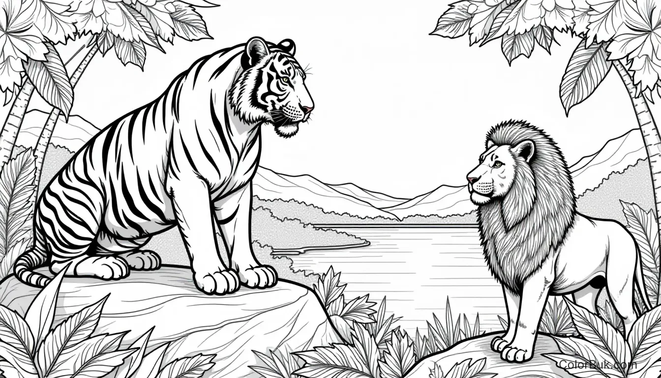 Art and Design Detailed black and white illustration of a tiger and lion in a jungle, ready for coloring.