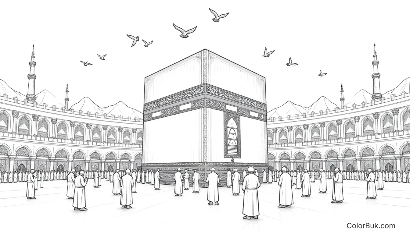 Islamic Art Intricate black and white illustration of Mecca with the Kaaba and flying birds, ideal for coloring activities.