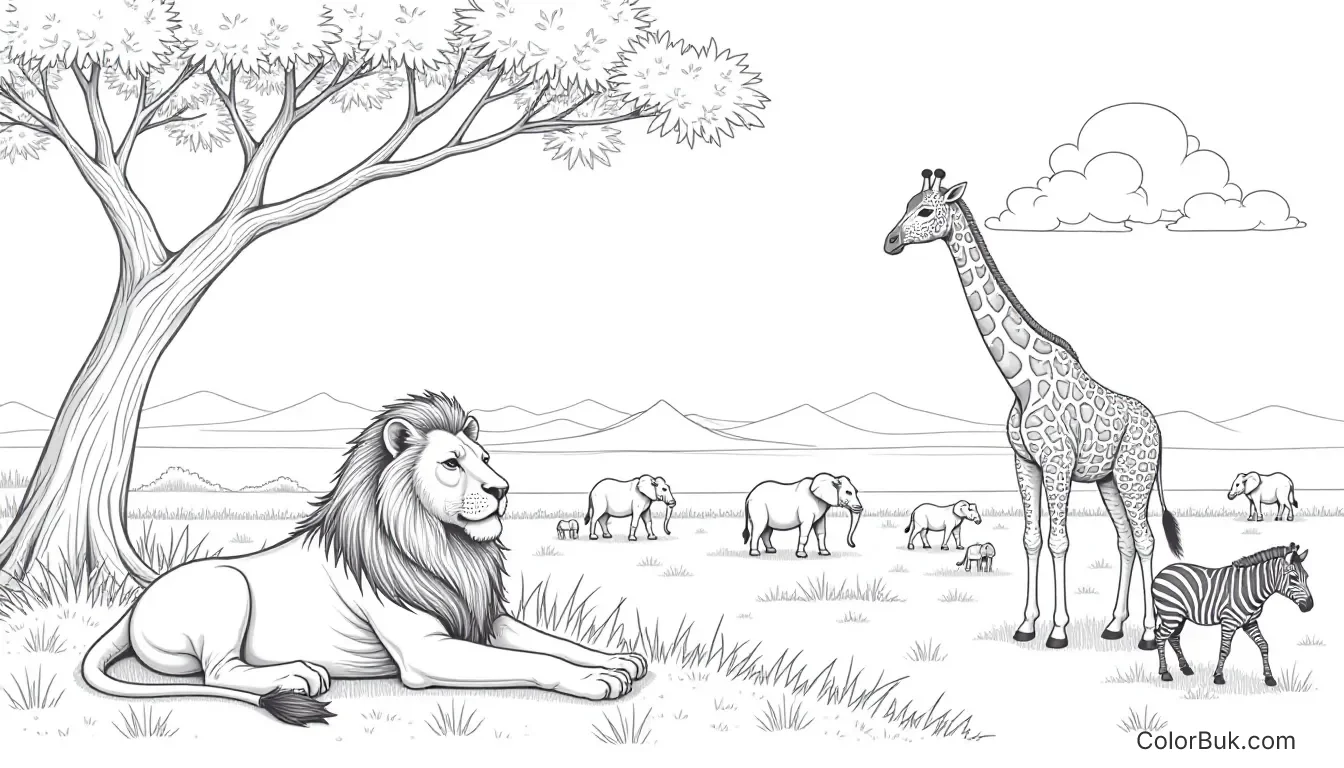 Realistic Coloring Sheets Black and white coloring page of realistic savanna animals including a lion, giraffe, elephants, and zebras.