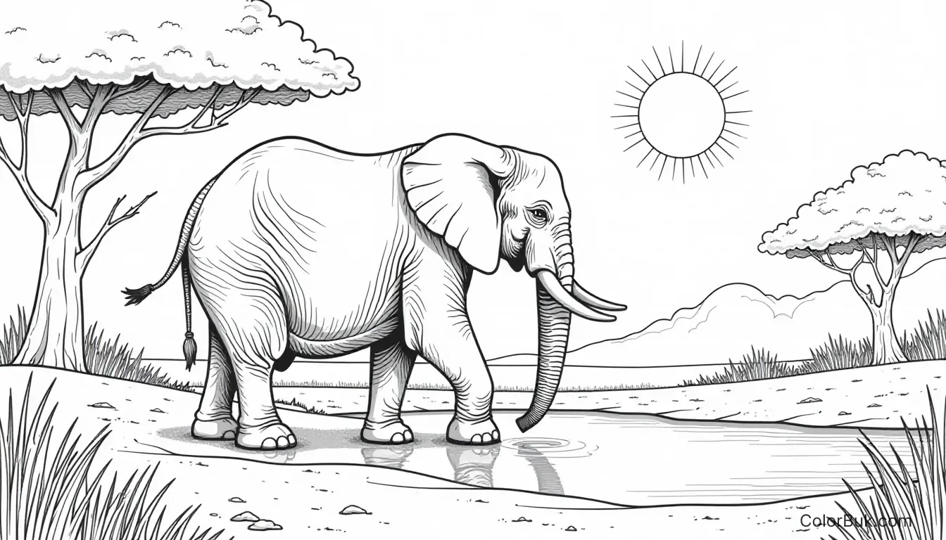Nature A detailed black and white elephant stands by a serene water source in a savanna.