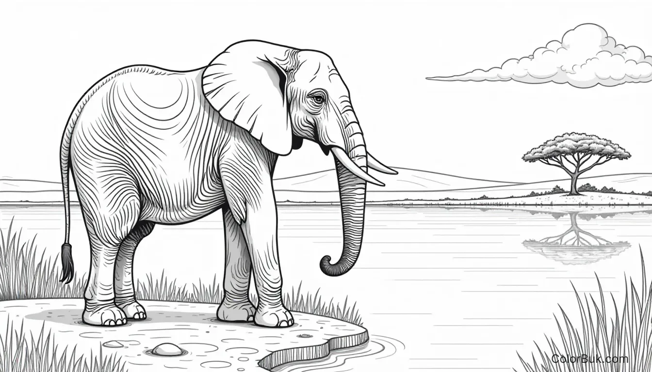 Printable Elephant Coloring Page - Serene Savanna Scene Elephant coloring page by a serene lake in the savanna, perfect for kids.