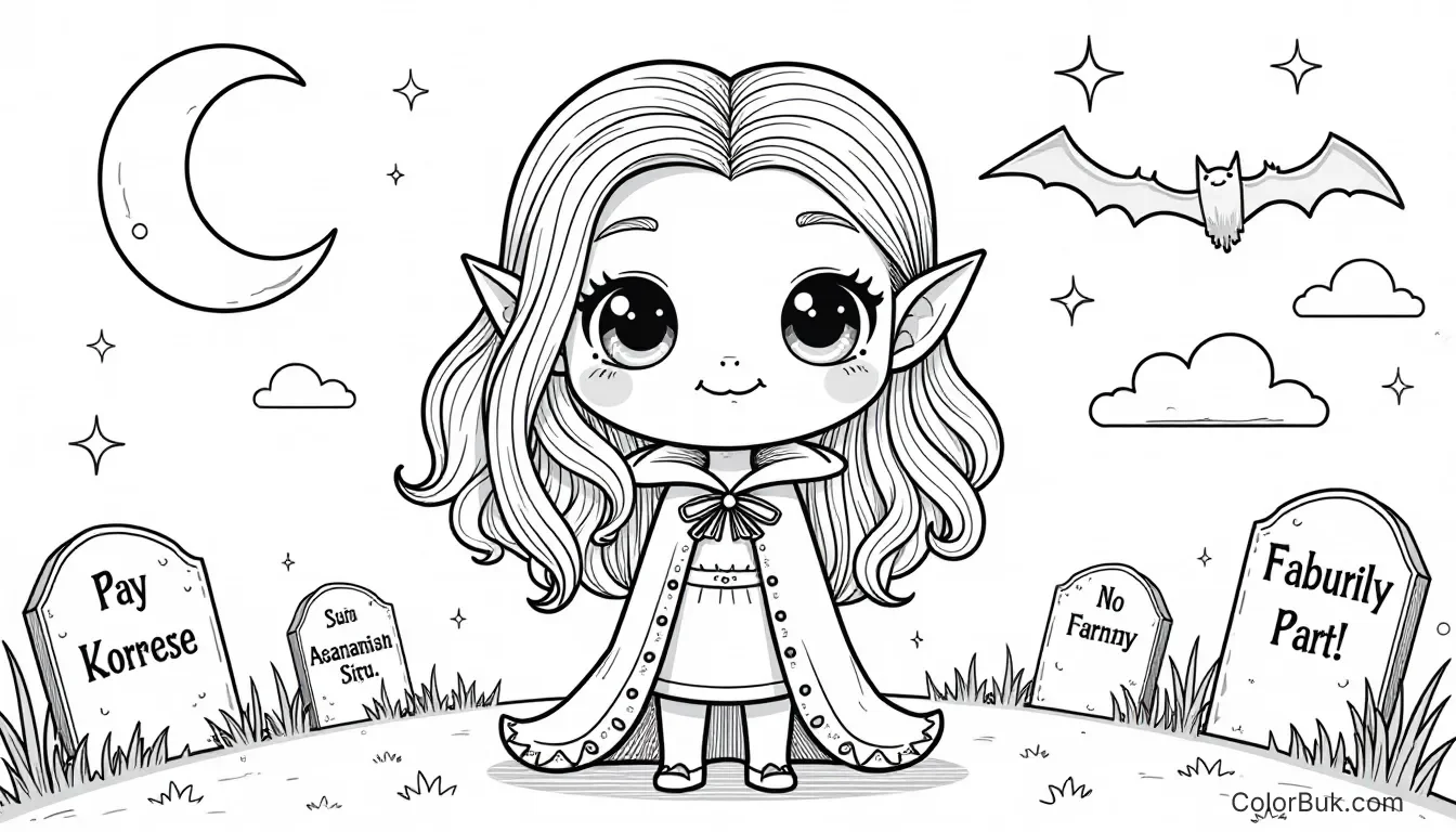Vampire Themed Coloring Whimsical black and white coloring page of a cute vampire character with flowing hair and big eyes.