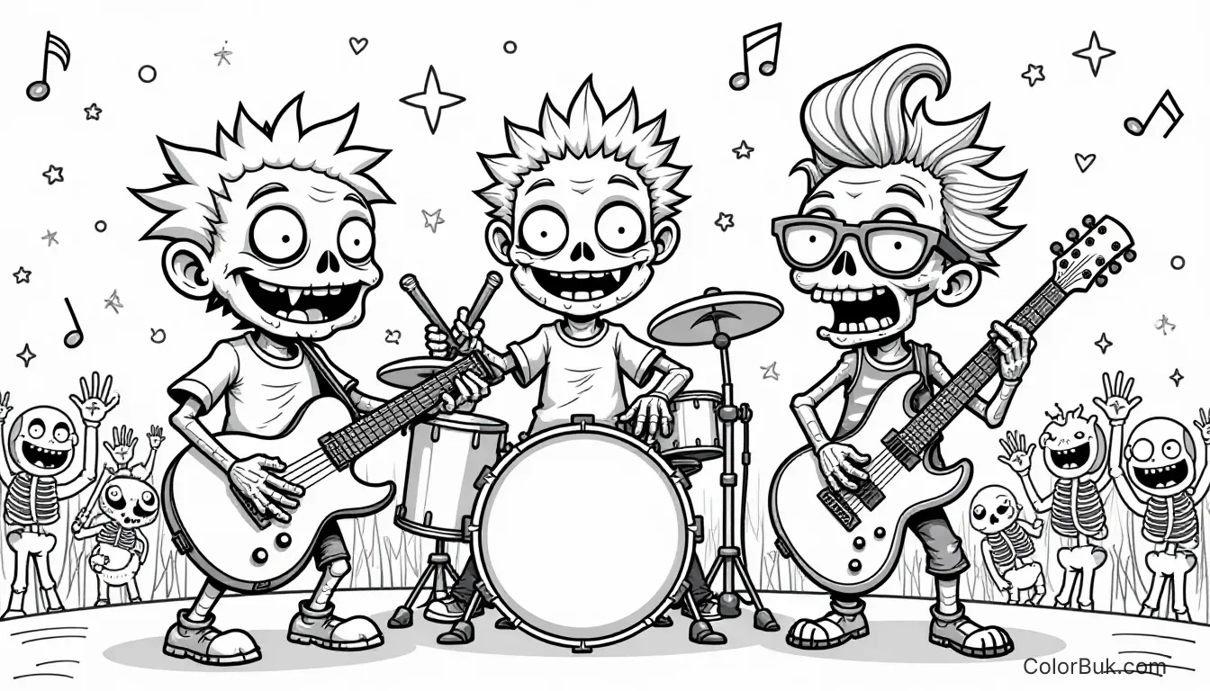 Zombie Theme Adorable zombies in a rock band coloring page with drums and microphone.