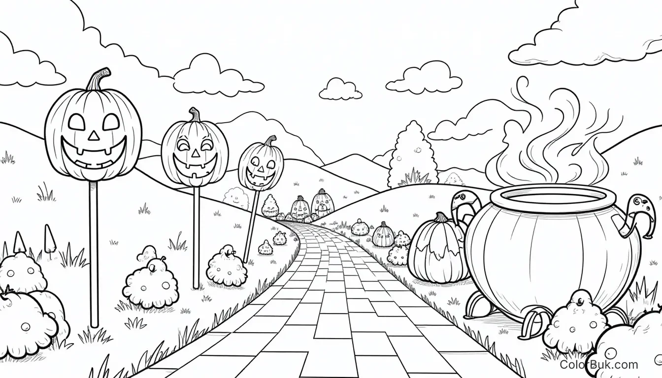 Halloween Crafts A whimsical Halloween-themed candy land illustration featuring a winding brick road, pumpkin lollipops, and a bubbling cauldron.
