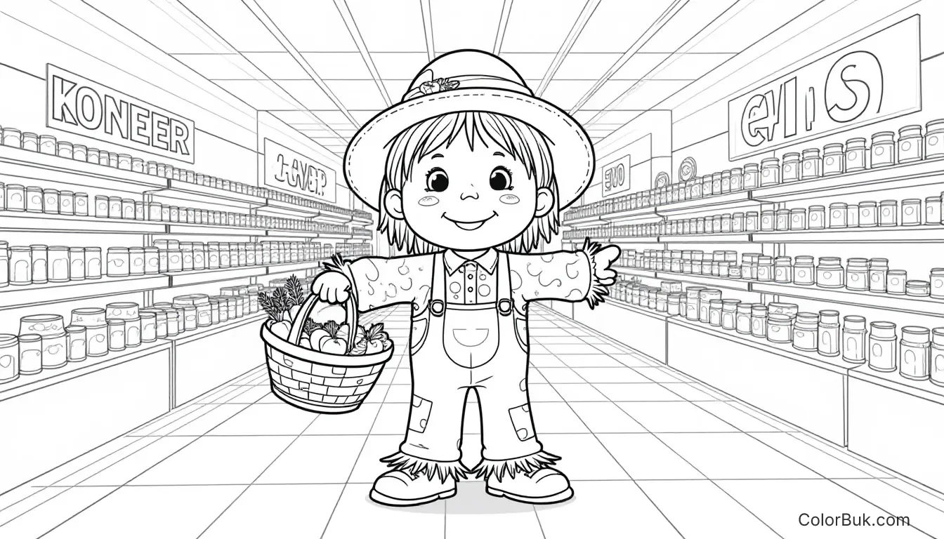 Cartoon Characters Cute cartoon scarecrow in grocery store coloring page, holding fruits