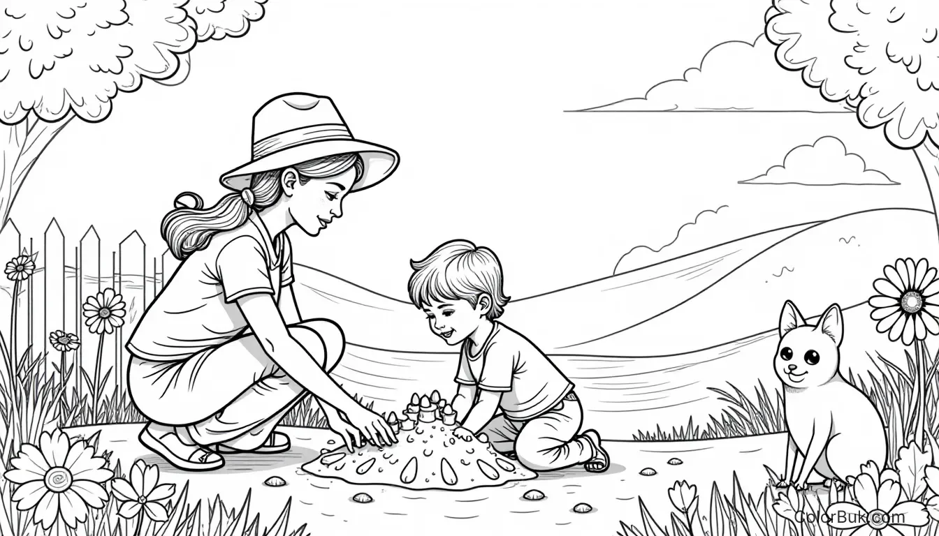 Animal Emotions Family coloring page featuring mom planting flowers with daughter and dad building sandcastles.