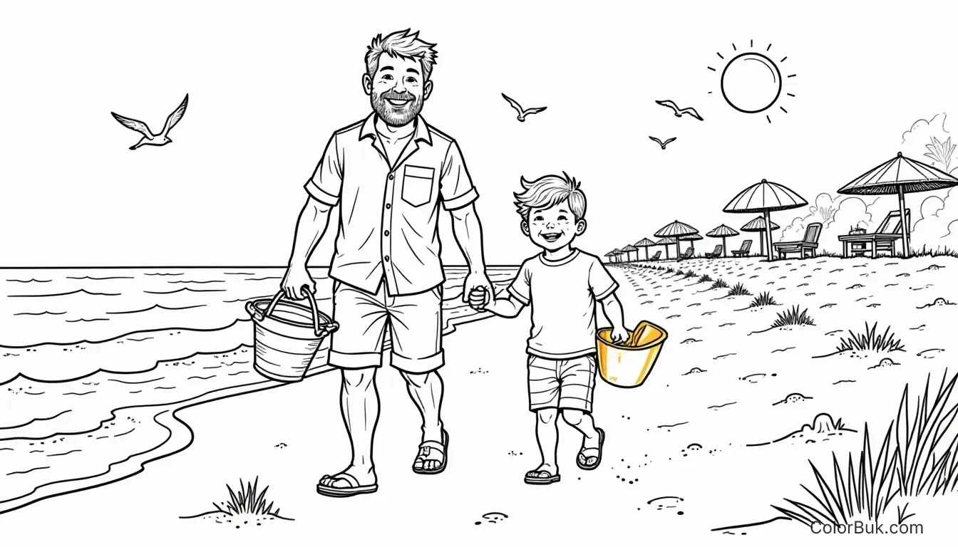 Beach Scenes Dad and son smiling with beach toys in a coloring book image.