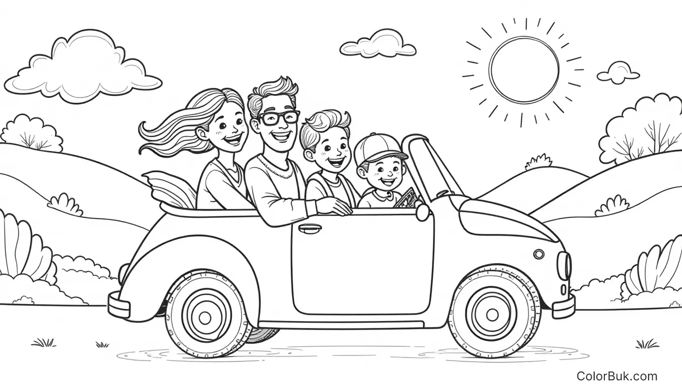 Family Coloring Pages Line drawing of a family driving joyfully in a small car with open window
